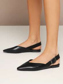 SHUZIA 女士简约后系带仿皮尖头平底便鞋 - 黑色 - 查看 7