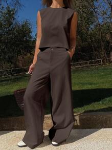 DAZY 2pcs/Set Women Casual Vacation Vest And Pants Set, Spring/Summer - Brown - View 5