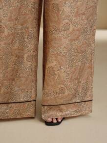Anewsta New Women Contrast Color Drawstring Waist Cashew Flower Print Wide Leg Pants - Khaki - View 6