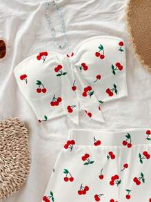 Soleia Bộ 2 món/Bộ Áo Crop Top Và Quần Short Họa Tiết Quả Anh Đào Thường Ngày Dành Cho Nữ, Thích Hợp Cho Mùa Hè Bộ Đồ Hai Mảnh Dễ Thương Cho Nữ Bộ Đồ Hai Mảnh Mùa Hè - Nhiều màu - Xem 3