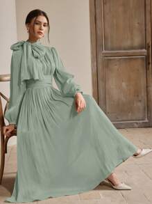 Anewsta Váy dài nữ có bèo nhún eo, phong cách đa năng thanh lịch và sang trọng, mùa xuân/thu - Màu xanh Bạc hà - Xem 5