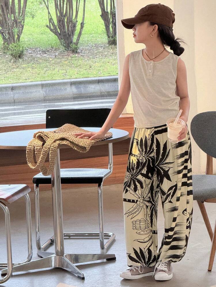 Tween Girls Solid Color Round Neck Sleeveless T-Shirt And Floral Print Wide Leg Pants Set,Girls Summer Outfits,Back To School Clothes Vacation