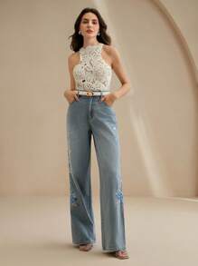 Anewsta 女式刺绣直筒高腰牛仔裤 - 藍色 - 查看 5