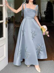 Feyla Women's Elegant Floral Embroidery Ruched Bodice Knot Shoulder Dress, Summer