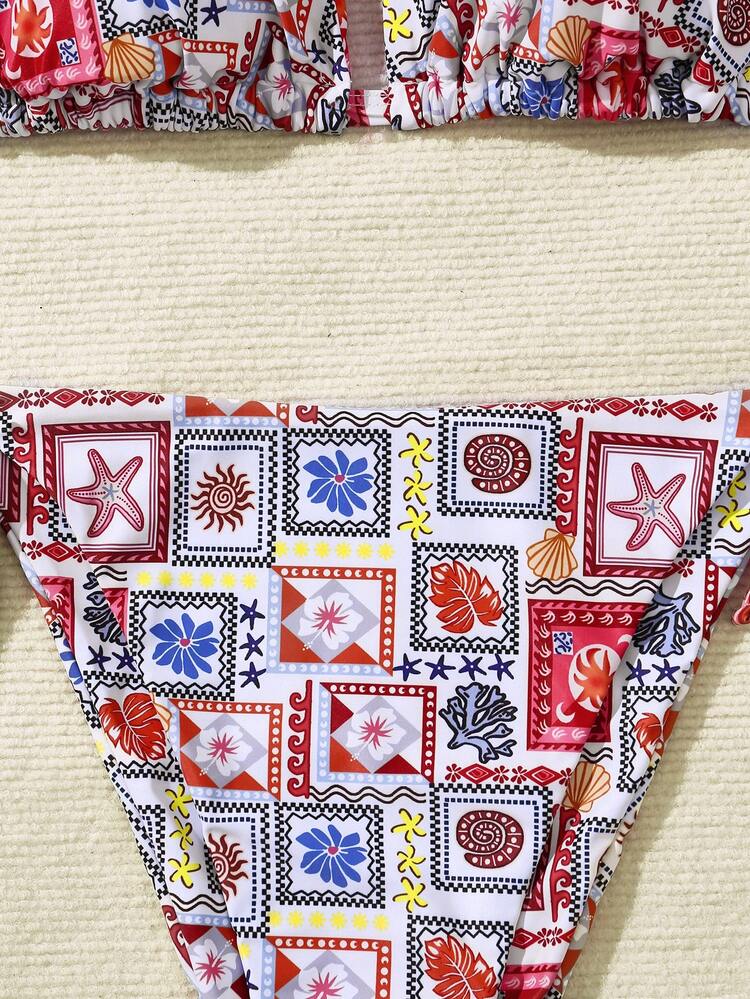 Swim Mod New Plus Size Women's Printed Triangle Bikini Top And Tie-Side Bottoms 2pcs Swimsuit Set For Summer Beach Vacation - Multicolor - View 6