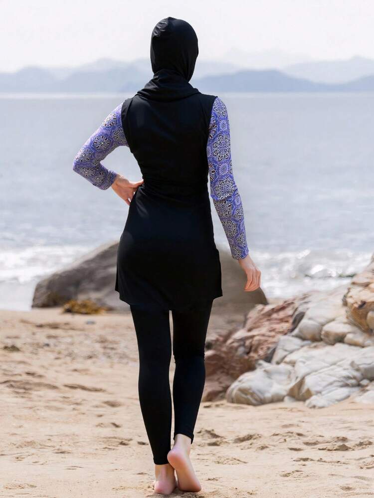 SHEIN 2 件套女士夏季长袖连帽上衣和长裤，随机印花和纯色拼布，全覆盖保守度假布基尼套装 - 彩色 - 查看 2