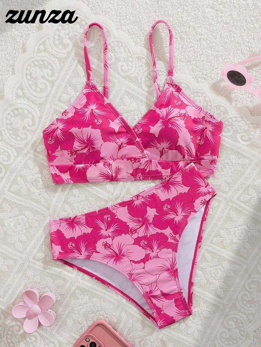 SHEIN Tween Girls V-Neck Tropical Flower Print Bikini Set Summer Beach, Vacation Summer, Retro Holiday Bikini Set, Bathing Suit For TWEEN Girls Bikini Sets