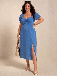 Elaquor Plus Ditsy Floral Print Ruched Bust Split Thigh Dress