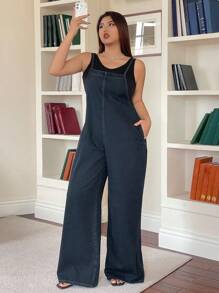 Dazy Plus Plus Size Dark Wash Loose Fit Denim Bib Overall Long Jumpsuit, All Season
