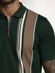 Manfinity Dauomo Men's Fashion Business Vertical Striped Contrast Color Zip-Up Polo Shirt - Multicolor - View 3