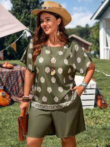 EMERY ROSE 2件套加大码女式花卉印花短袖上衣和短裤度假装 - 軍綠色 - 查看 5