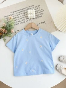 SHEIN LMoss Kids Áo thun cổ tròn rộng rãi thêu họa tiết cho bé gái - Màu xanh lam - Xem 3