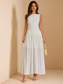 SHEIN BAE 女士夏季无袖针织纹理刺绣精致大码连衣裙优雅连衣裙/女士夏装/白色连衣裙/婚礼宾客礼服女 - 白色 - 查看 5