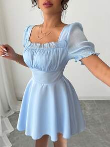 Elenzga New Season French Style Blue Square Neck Fashionable Luxurious High-End Chic Cinched Waist Elegant Puff Sleeve Dress For Summer - Baby Blue - View 3