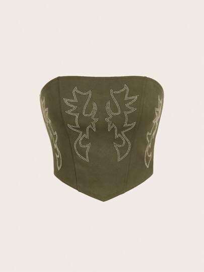 SHEIN EZwear Women's Western Cowgirl Music Festival Faux Suede Bandeau Top For Summer