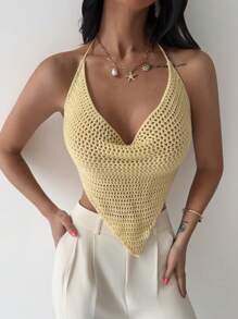 SHEIN Privé Camiseta de punto ajustada con cuello de halter y nudo - Amarillo - Ver 3