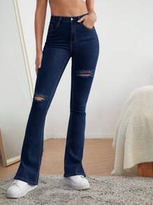 SHEIN Cottnline Cotton High Waist Ripped Slit Hem Flare Leg Jeans - Dark Wash - View 3