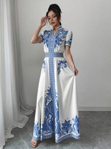 SHEIN Unity 复古印花系腰泡泡袖短款连衣裙 - 藍色 - 查看 6
