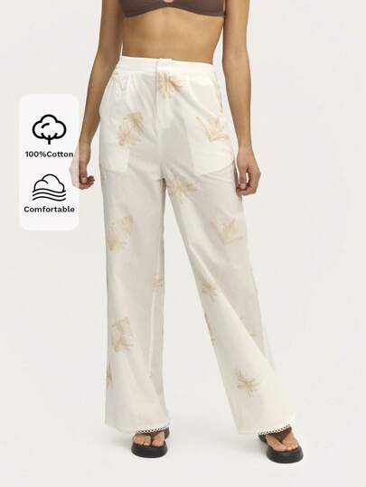 SHEIN Unity White Wide-Leg Pants With A Semi-Sheer Finish And A Breezy Silhouette, Ideal For Pairing With Crop Tops Or Lightweight Blouses For Warm-Weather Styling.