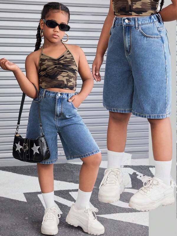 SHEIN Tween-Mädchen Retro Washed Loose Fit Baggy Bermuda Denim Shorts mit schrägen Taschen, Frühling Sommerpause Strand Boho Sommerkleidung Streetwear Konzert Rave Festival Outfits