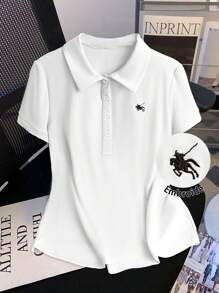 粉色女式刺绣休闲短袖上衣 - 白色 - 查看 1