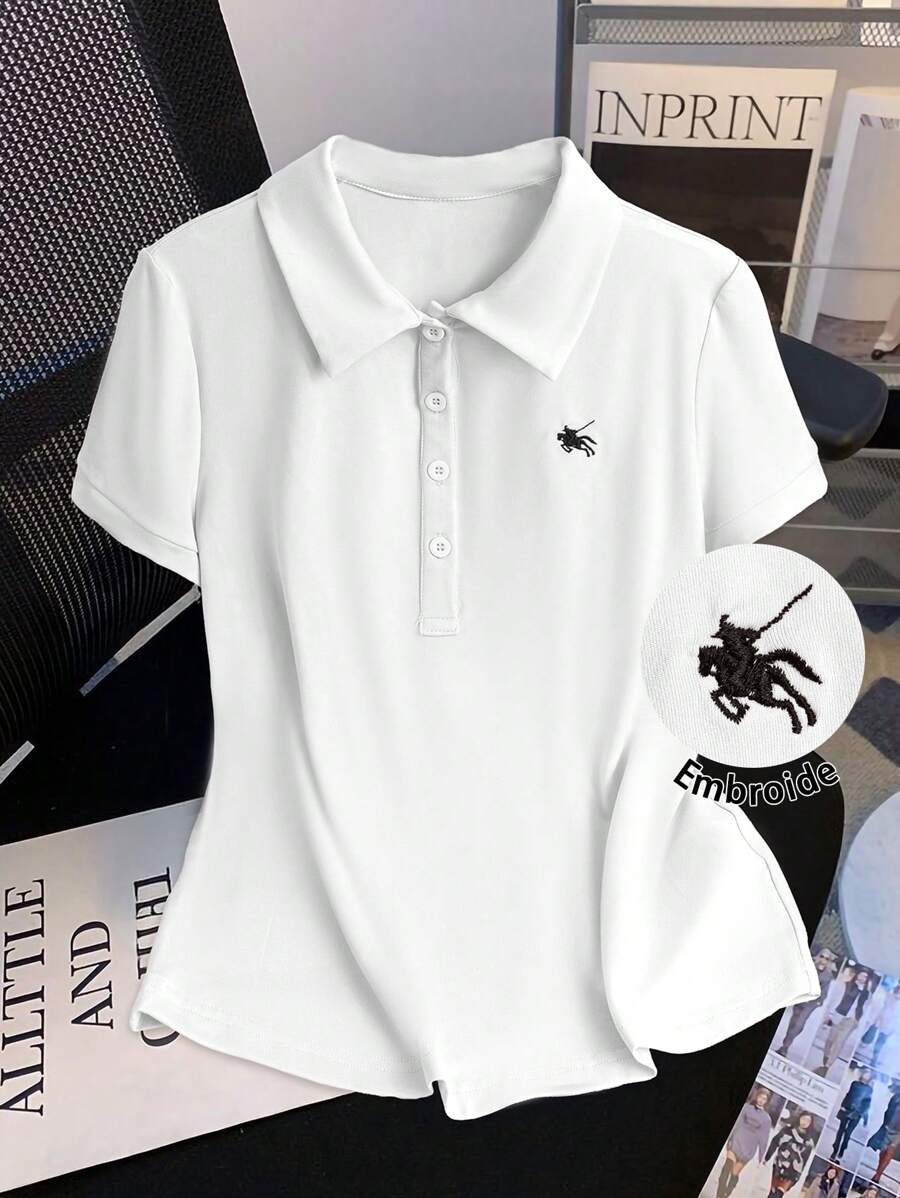 粉色女式刺绣休闲短袖上衣 - 白色 - 查看 1