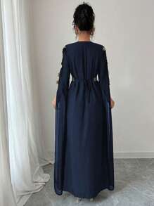 Rafferiza Patchwork Extra Long Sleeve Abaya Robe, Women Middle East Style Solid Color Lace Hem Long Dress Fall Cloth For Women - Navy Blue - View 2