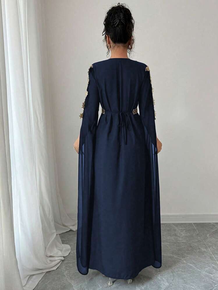 Rafferiza Patchwork Extra Long Sleeve Abaya Robe, Women Middle East Style Solid Color Lace Hem Long Dress Fall Cloth For Women - Navy Blue - View 2
