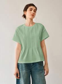 Uhlyne 女士假日沙滩休闲通勤场合穿着纯棉圆领薄荷绿收腰插肩袖T恤上衣商务休闲、工作服、办公室、教师女装 - 綠色 - 查看 4