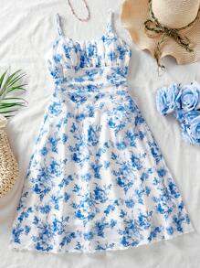 Mädchen Ditsy Ditsy Blumen Trägerkleid mit schlanker Passform für den Sommer am Strand - Blau - Übersicht 3