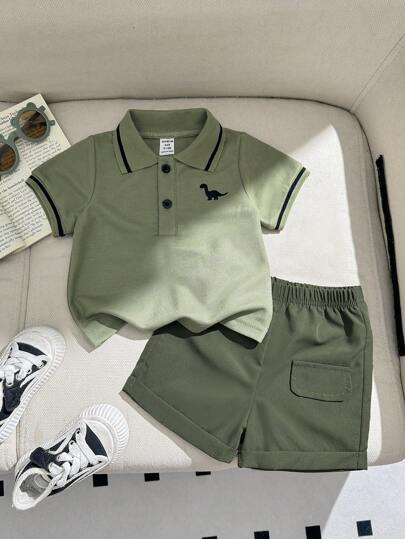 Souflis Souflis Conjunto Casual Estilo Academia de Camisa Polo + Shorts 2 Peças para Bebê Menino / Infantil / Criança Pequena, Primavera/Verão