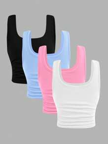SHEIN 4pcs/Set Tween Girls' Slim Fitting Casual Comfy Stretchy Knitted Tank Tops, Versatile - Baby Blue - View 2