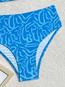 Swim Vcay Set de 2 piezas de bikini de verano para mujer con parte superior de tirantes y Bottom de cintura alta, estampado de color aleatorio, para playa y resort - Azul - Ver 6