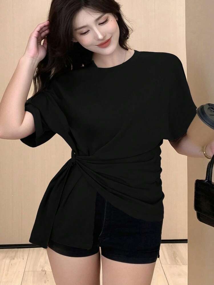 Dazy Plus Solid Color Round Neck Asymmetrical Hem Drawstring Short Sleeve Casual T-Shirt