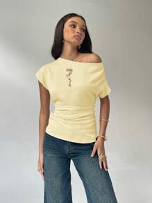 Aloruh 女式休闲纯色不对称褶领修身衬衫，夏季 - 黃色 - 查看 6