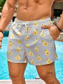 Manfinity Swimmode 男士鸭子印花抽绳腰部泳裤牛奶丝衬里沙滩短裤