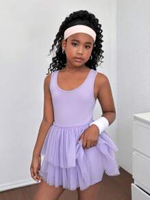 SHEIN Leap Crew Tween Girls' Mesh Patchwork Sleeveless Bodysuit Sportswear - Purple - View 5