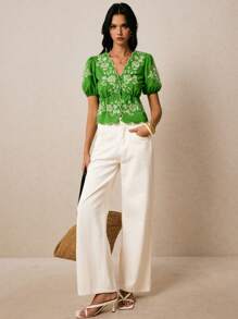 Poéselle Áo kiểu nữ tay ngắn thêu họa tiết phong cách vintage Boho, áo dễ thương, áo thêu, áo sơ mi cài nút, áo dành cho nữ đi nghỉ mát, phong cách cổ điển, phụ nữ thanh lịch, vintage, mùa hè/thu - màu xanh lá - Xem 2