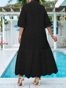 SHEIN Lady Plus Size Women Floral Embroidery Ruffle Hem Casual Vacation Dress,Summer Dresses For Women - Black - View 2