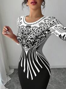 Modelyn Digital Print Bodycon Long Sleeve Dress For Women - Multicolor - View 6