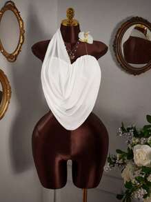 Amplova Asymmetrical Sheer Mesh Faux Flower Decor Women Blouse - White - View 3