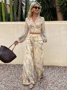 两件套女士印花V领系带长袖上衣和阔腿裤复活节 - 杏色 - 查看 5