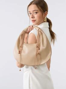 SHECARRY Women's Vintage Almond Crescent  Shoulder Bag With Metallic Fringe & Beaded Tassels, Elegant Shoulder Purse For Office Commute & Night Out - Apricot - View 4