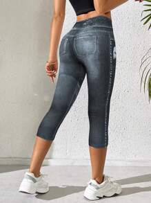 INAWLY 女士弹性腰部牛仔效果印花休闲七分紧身裤 - 彩色 - 查看 2