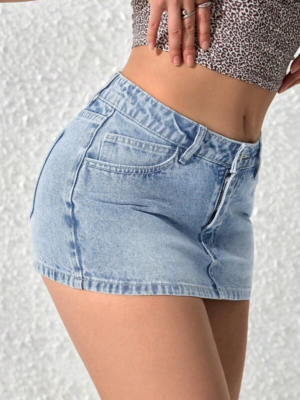 SHEIN PETITE Falda vaquera mini casual lavada para mujer