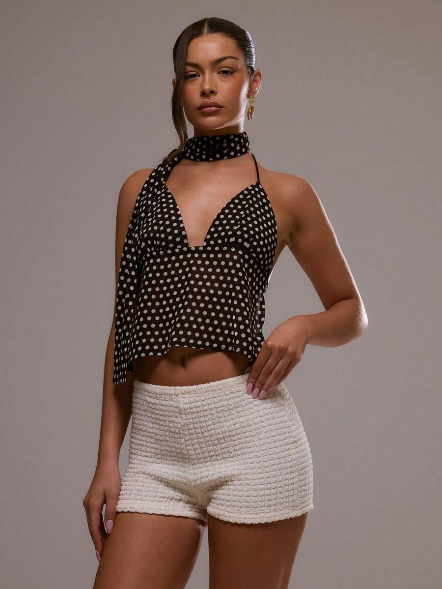 MUSERA 波尔卡圆点围巾细节三角形吊带春夏性感吊带短款上衣假日夏季场合优雅可爱夏季上衣节日伊比沙岛波西米亚风 - 黑色 - 查看 1