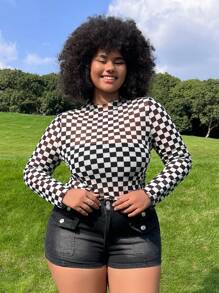 SHEIN EZwear Plus Checker Print Lettuce Trim Crop Top Without Cami Top, Summer