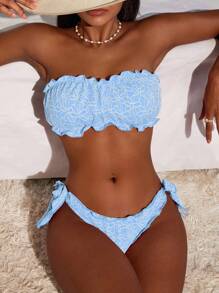 Swim Mod Women Ruffled Floral Print Fashion Bikini Set For Summer Beach Vacation - Baby Blue - View 1