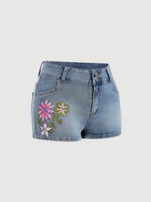 SHEIN MOD 女式花卉刺绣水钻装饰口袋牛仔短裤 - 淺色水洗藍 - 查看 5