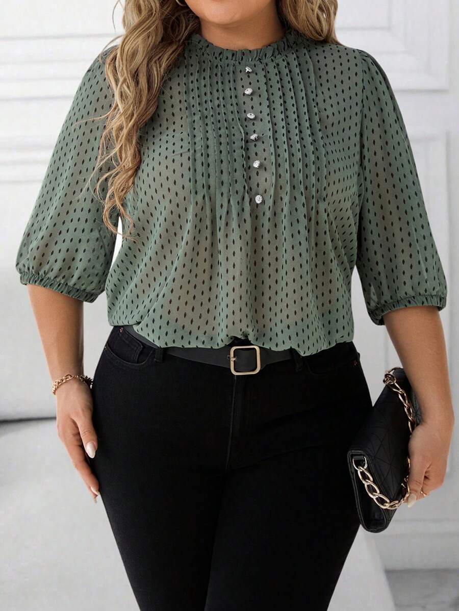 EMERY ROSE Plus Size Women Chiffon Polka Dot Holiday Casual Blouse - Multicolor - View 1